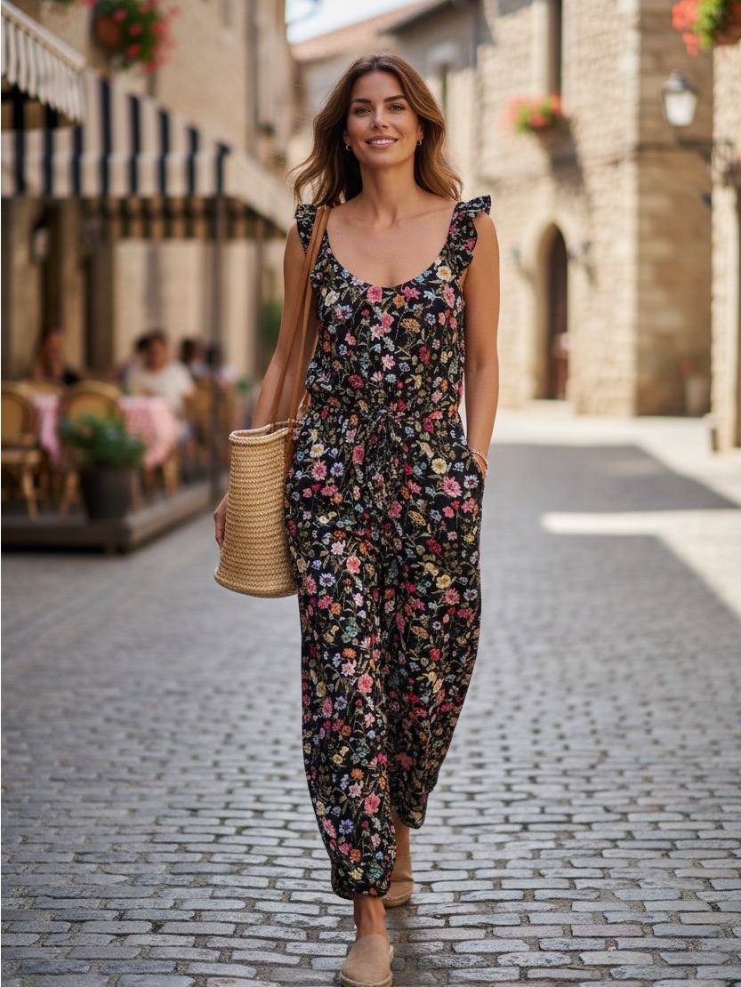 Loft Lilly Black Floral Ruffle-Strap Jumpsuit Sz00 Nwt Cottagecore Festival